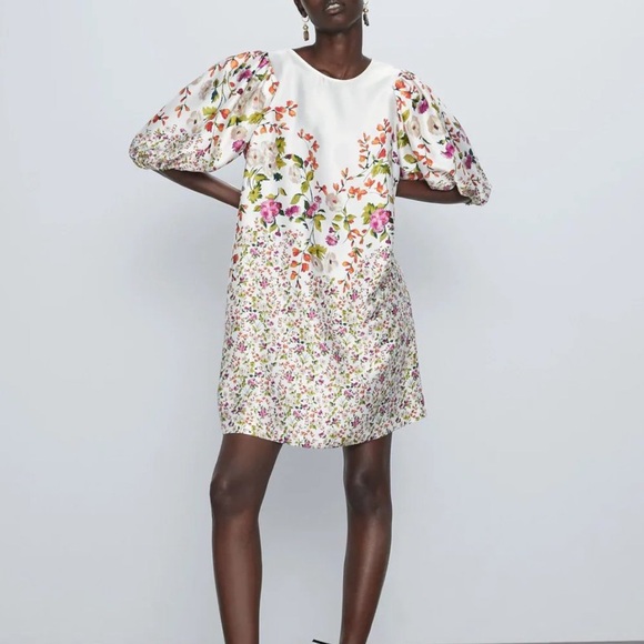 Zara Floral Print Mini Dress Puff Sleeves Cottagecore Wedding Springtime EUC - Picture 1 of 8